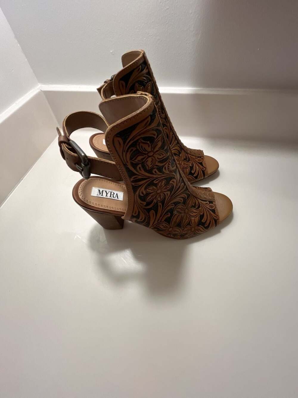 Myra Bag Dodge Town Hand-Tooled Leather Open Toe Heels - Picture 4 of 15
